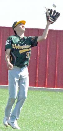 CATCHING IT IN THE AIR – Springlake-Earth junior second baseman, Evan DeLeon, catches a pop up for an out at second base, during game one of the Wolverines’ three game play-off series with the Borden County Coyotes on Thursday at Hermleigh. (Staff Photo by Derek Lopez)