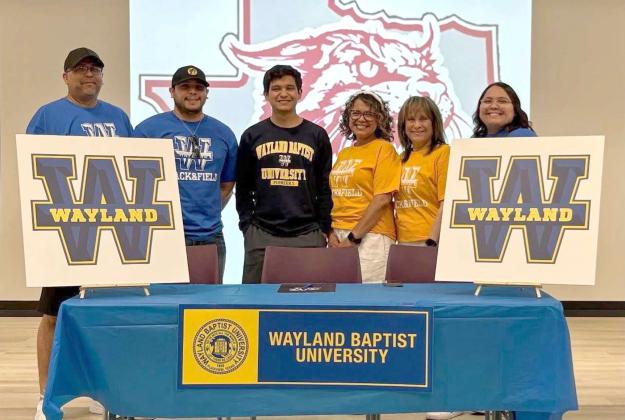 Littlefield senior, Brandon Marines signed his letter of intent to continue his running career for the Pioneers at Wayland Baptist University, during a small signing ceremony in the Littlefield High School Commons Area on May 16th. (Submitted Photo)