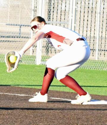Littlefield first baseman, Lyric Rios, catches a throw from Natalia Sanchez for out number two in the top of the sixth inning, of the Lady Cats’, 5-0, loss to Levelland on Monday at Lady Cat field. (Staff Photo by Derek Lopez)