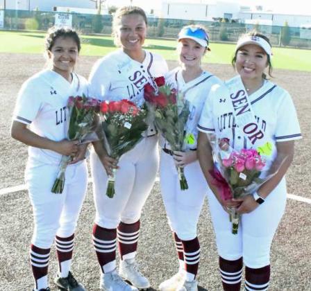 SENIOR NIGHT - The four Littlefield Lady Cat softball players were honors on Tuesday after their, 12-2 victory over the Denver City Fillies at Lady Cat Field. (Shown L-R): Cadence Sanchez, Kaeleigh Logan, Mykenzie Price and Alex Hernandez. (Staff Photo by Derek Lopez)
