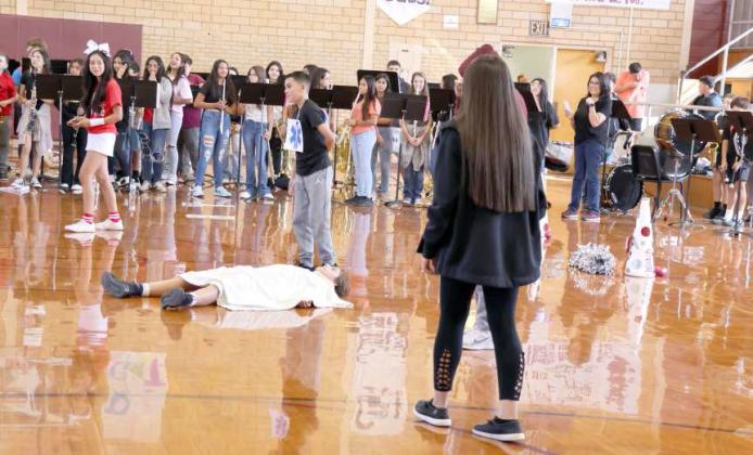 Reenactment of young person killed by drugs during the D.A.R.E. program at the Littlefield Jr. High School pep rally on Wednesday, October 25, 2023. (Photo by Ann Reagan)
