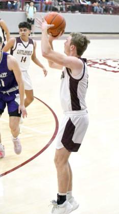 FIRING THE THREE BALL - Littlefield sophomore guard, Chip Green, fires up a three from the left elbow, during the frist half of the Wildcats’, 60-54, victory over the Dimmitt Bobcats on senior night on Tuesday, keeping them in the hunt for a district title. (Staff Photo by Derek Lopez)