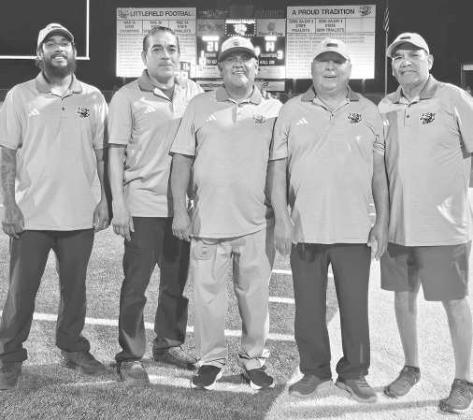Littlefield’s Chain Gang on Friday nights has a combined 76 years of service. David Cervantez said that they are the best dressed chain gang in the State of Texas thanks to Littlefield ISD and their Head Coach. (Shown) David Cervantez, Michael Martinez, Michael Rangel, Isaiah Ayala and Isaac Ayala. (Staff Photo by Derek Lopez)