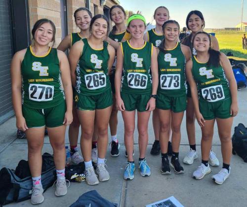 STARTING STRONG – The Springlake-Earth Lady Wolverines’ varsity cross country team competed at the West Texas A&amp;amp;M University Twilight Meet on Thursday, where they finished sixth overall with a team time of 1:15:51.57. (Shown): Emma Samaron, Jasmine Garcia, Aryca Ibarra, Marisela Rodriguez, Rylie Furr, Jenna Bridges, Jessica Mendoza and Aabriela Villanueva. (Submitted Photo)