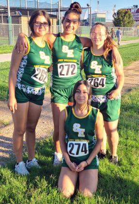 COMPETING HARD – The Springlake-Earth Lady Wolverines’ JV cross country team competed at the West Texas A&amp;amp;M University Twilight Meet on Thursday. (Shown): Natalie Ramerez, Annabelle Anchondo, Kayleigh Kennedy and Violeta Martinez. (Submitted Photo)
