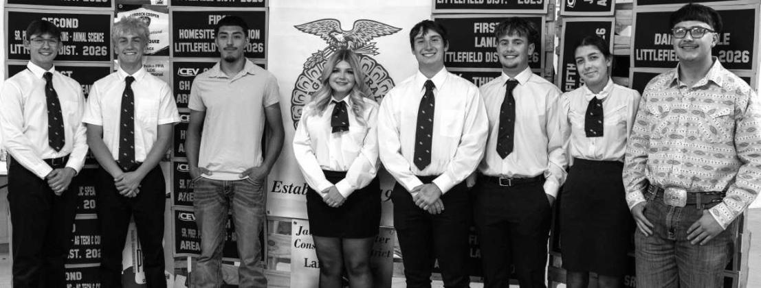 Ty Carr, Payton Bussanmas, Erik Trejo, Ally Dalton, Tate Clark, Jayden Kirkland, Tayte Miller and Uriel Ibarra participate in the jacket retirement ceremony at the Littlefield FFA banquet on May 18, 2026. (Photo by Madison Vidales)
