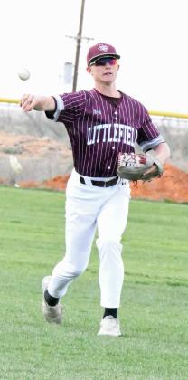 Littlefield second baseman, Bradyn Redman, fields a ground ball and throws it to first for an out, during the Wildcats’ extra inning loss to the Mustangs in Denver City on Tuesday. (Staff Photo by Derek Lopez)
