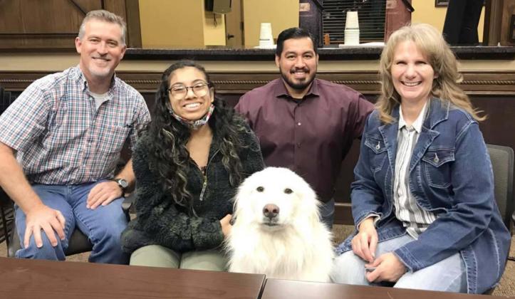 CECI SCHROEDER visited the Early Risers Lions Club Tuesday morning, to update the Lions about her project to raise funds through shoe collections, for training her service dog. With her are Chadd Schroeder, left; Ceci, Gracie Mae (service dog), Justin Balderas, (Lions Club president) and Nancy Schroeder. (Early Risers Lions Photo)