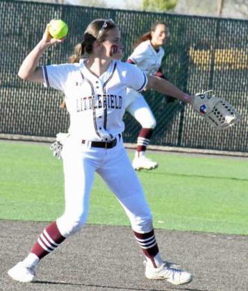 SHOWING THE RANGE - Littlefield shortstop, Bryndle Ray fields a ground ball up the middle and fires it to first for the out in the top of the seventh inning of the Lady Cats, 7-6, walk-off victory over Brownfield at Lady Cat Field on Tuesday. (Staff Photo by Derek Lopez)