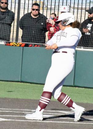 RALLY STARTER - Littlefield senior, Kaeleigh Logan, rips a homerun to center field in the top of the seventh inning, sparking a three-run rally for the Lady Cats in their, 7-6, walk-off victory over Brownfield at Lady Cat Field on Tuesday. (Staff Photo by Derek Lopez)