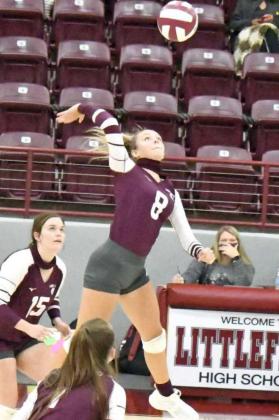 GOING FOR THE KILL – Littlefield sophomore, Madison McNeese, leaps up for a kill attempt, during the Lady Cats’ match with the Lady Hornets on Tuesday at Wildcat Gym. (Staff Photo by Derek Lopez)