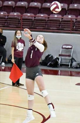 KEEPING THE BALL IN PLAY – Littlefield’s, Brynna Ray, bumps the ball towards the front row keeping it in play as the Lady Cats look to go on the attack, during the Lady Cats’ match with the Lady Hornets on Tuesday at Wildcat Gym. (Staff Photo by Derek Lopez)