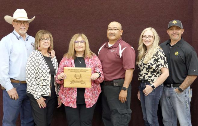 The family of Mary Ellen Rangel was on hand to honor Mrs. Rangel who was selected Administrative Assistant of the year.on Wednesday, April 24 2024. From left to right, Michael Fortenberry, Juanita Fortenberry, Albert Rangel, Mary Ellen Rangel, Tonya Saenz, and Brian Saenz. (Photo by Ann Reagan)