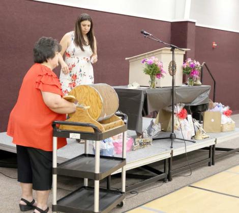 Lupe Rodriguez drew the tickets for the Door Prizes offered at the Rotary Club of Littlefield Administrative Assistant Luncheon on Wednesday, April 24, 2024. (Photo by Ann Reagan)
