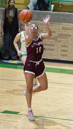 Littlefield senior, Nevaeh Esquibel, steals the inbound pass and takes it to the hoop for an easy lay-up to close out the third quarter of the Lady Cats, 47-42 loss to Idalou in their district-opener on Tuesday. (Staff Photo by Derek Lopez)