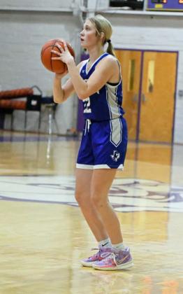 Olton sophomore, Kaleigh Geldenhuys, fires up a three from the left elbow, during the second half of the Fillies victory over Anton last week. (Staff Photo by Derek Lopez)