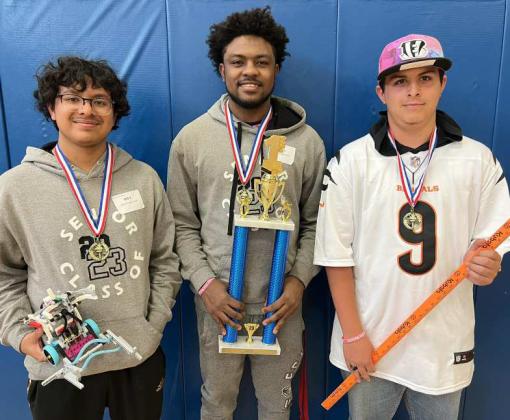 FIRST PLACE - The Littlefield High School Robotics team took first place at the TCEA Robotics North Texas Championship Competition last week in Keene, Tx. Shown are the team of Jonah Ortega, Calvin Morgan and Dominick Medina. (Submitted Photo)