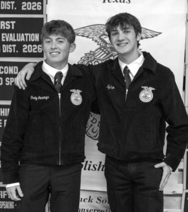 Craig Jennings and Ky Hays receive recognition for Senior Prepared Tech and Communication at the Littlefield FFA banquet on May 18, 2026. (Photo by Madison Vidales)