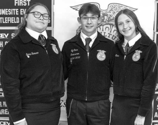 Littlefield FFA Radio 1 team, Ty and Piper Carr and Emma Romero, receive recognition at the Littlefield FFA banquet on May 18, 2026. (Photo by Madison Vidales)