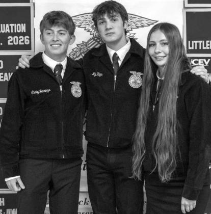 Littlefield FFA Sr Skills 1 team, Craig Jennings, Ky Hays and Maggie McNeese, receive recognition at the Littlefield FFA banquet on May 18, 2026. (Photo by Madison Vidales)