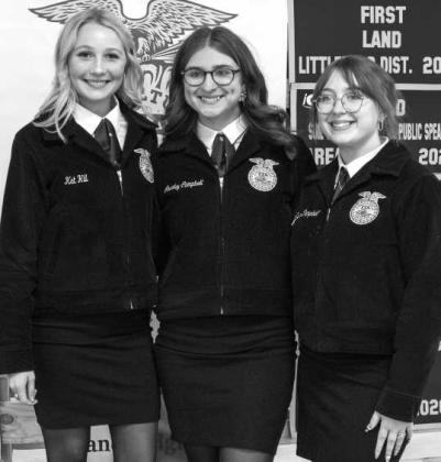 Littlefield FFA Sr Skills team, Avaley Campbell, Kat Hill and Taylor Campbell, receive recognition at the Littlefield FFA banquet on May 18, 2026. (Photo by Madison Vidales)