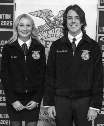 Littlefield FFA Public Relations competitors Alexaundrea Dalton and Brenna Lowe receive recognition at the Littlefield FFA banquet on May 18, 2026. (Photo by Madison Vidales)