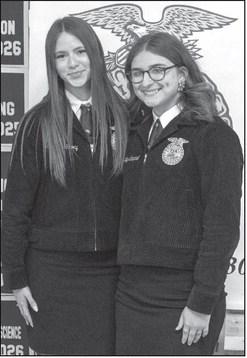 Avaley Campbell and Brooklynne Story receive recognition for Senior Prepared Plant Science at the Littlefield FFA banquet on May 18, 2026. (Photo by Madison Vidales)
