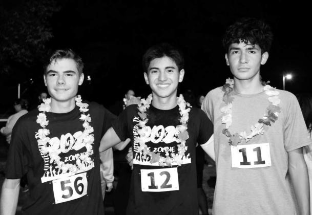 Winners in the first Zombie Run were, left to right: Third place- Kaden Applegate, First place- Noah Vinanueva, and Second place- Angel Pacheco. The event was held on Saturday, October 25, 2025 after the Pumpkin Trail in Crescent Park in Littlefield. (Photo by Ann Reagan)