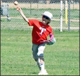 The afternoon session of the Olton Youth Baseball Camp worked on taking a cutoff correctly and firing into the infield, during the final day of camp at Mustang Field on Thursday in Olton. (Staff Photo by Derek Lopez)