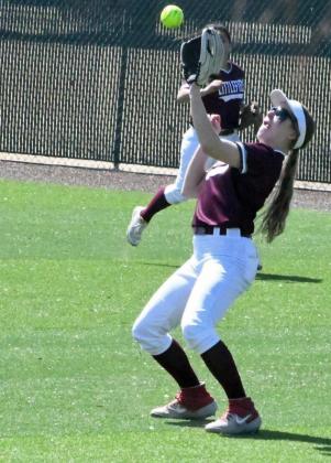 GETTING UNDER THE BALL – Littlefield senior outfielder, Brookelyn Gau, catches a fly ball for an out, during the Lady Cats’, 7- 5, loss at home to Brownfield on Saturday. (Staff Photo by Derek Lopez)