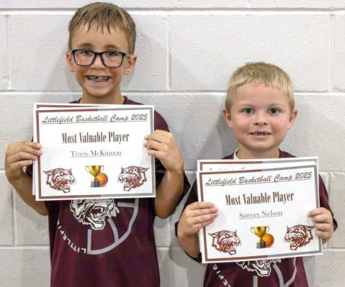 Travis McKinnon and Sawyer Nelson received ‘Most Valuable Player’ awards at the Littlefield Basketball Camp on June 19, 2025. (Photo by Madison Vidales)