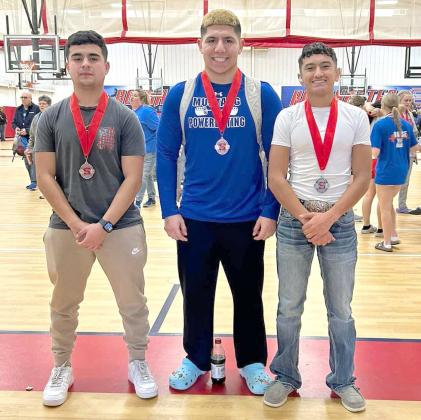 The Olton Powerlifting team competed at Sundown on Saturday for their first meet of the season, where they had three athletes medal. (L-R): Kodee Roque got fifth place in the 165 lb weight class, while Michael Matute got fourth in the 220 lb weight class and Jaime Reyna got second place in the 114 lb weight class. (Submitted Photo)
