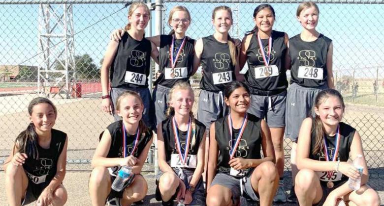 DISTRICT CHAMPIONS – The Sudan Nettes’ junior high cross country team took first place on Saturday to claim the District Championship. (Top L-R): Kate Boehning, Bonnie Reese, Garicyn Bigham, Edette Herrera and Kauy Carr. (Front L-R): Isaura Jimenez, Carly Groetken, Addisyn Harrell, Lillianna Sanchez, Kaileigh Greenwalt. (Submitted Photo)