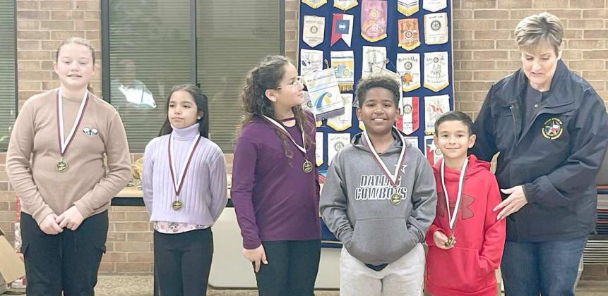 ROTARY WRITERS - The Rotary Writer winners from Littlefield Elementary School for the third six weeks are shown with Rotary President Kay King. (L-R): MeKayla Maloney, Mia Rodriquez, Lea Camacho, Levi Weaver and Zavian Garza. (Submitted Photo)