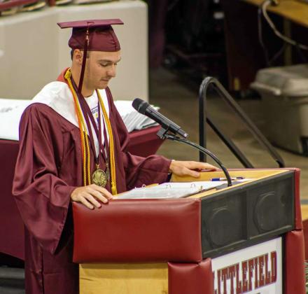 Littlefield’s Chip Green, gives the Salutatorian Speech, during the 2025 Littlefield High School Graduation Ceremony on Friday, May 23rd, at Wildcat Gymnasium. (Staff Photo by Madison Vidales)