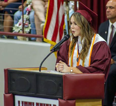 Littlefield’s Presley Haltom, gives the Valedictorian Speech, during the 2025 Littlefield High School Graduation Ceremony on Friday, May 23rd, at Wildcat Gymnasium. (Staff Photo by Madison Vidales)