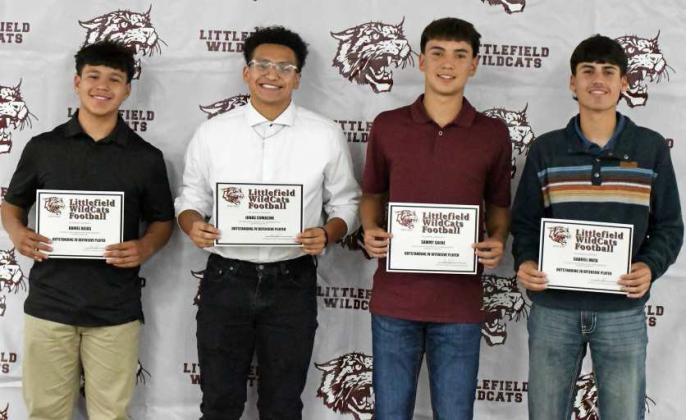 Littlefield JV Football Awards: Outstanding JV Defensive Player: Daniel Rojas and Jonas Comacho and Outstanding JV Offensive Player: Sammy Saenz and Gabe Mata. (Staff Photo by Derek Lopez)