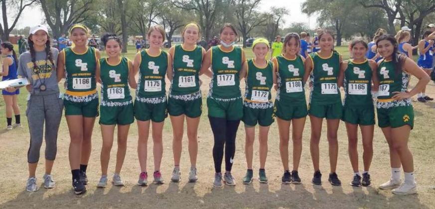 LADY WOLVERINES VARSITY – The Springlake-Earth Lady Wolverines’ cross country team competed at Plainview this past weekend. (Shown): Mahalia Delgado, Kimberly Cruz, Katy Jones, Carsann Baker, Mimi Medina, Taytum Goodman, Angelina Tovar, Adamarie Hernandez, DeDe Delgado and Jacksiry Figueroa. (Submitted Photo)