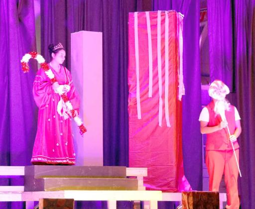 The Peppermint Princess and her minion from Once Upon a Christmas performed by Wildcat Theater of Littlefield High School on Thursday, December 21, 2023. (Photo by Ann Reagan)