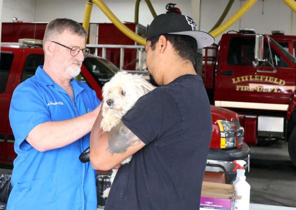 Dr. Jason Schroeder of the Lamb County Veterinary Hospital administers a vaccination at the Rabies Clinic on Saturday, May 11 at the Littlefield Fire Department. (Photo by Ann Reagan)