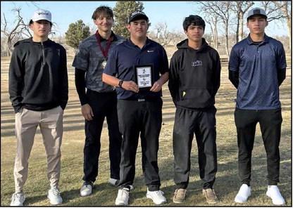 The Springlake-Earth varsity boy’s golf team places second at the Tulia Invitational and Tyler Tanaro placed first individually. (Shown L-R): Froylan Agundiz, Tyler Tanaro, Ethan Mosqueda, Nathan Ramos and Jacob Alvarez. (Submitted Photo)