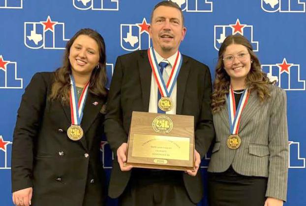 Emma Armstrong, Jonathan Robertson and Denise Gonzalez pose with the state semi-finalist plaque at the UIL CX Debate State Championship at the University of Texas at Austin. (Submitted Photo)