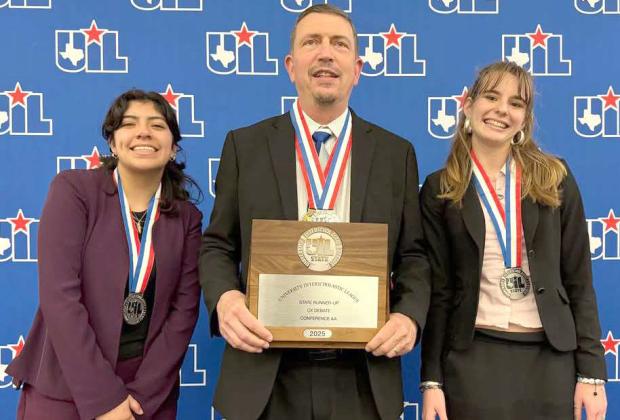 Garicyn Bigham, Jonathan Robertson and Jolie Dyck pose with the state runner-up plaque at the UIL CX Debate State Championship at the University of Texas at Austin. (Submitted Photo)
