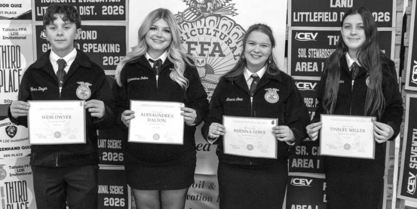Wess Dwyer, Ally Dalton, Brenna Lowe and Tinslee Miller receive their FFA Greenhand Degree at the Littlefield FFA banquet on May 18, 2026. (Photo by Madison Vidales)