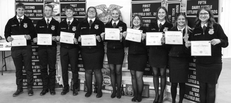 Brayden Black, Ryan Muller, Craig Jennings, Emma Romero, Katt Hill, Taylor Campbell, Piper Carr, Mattie Seymore and Avaley Campbell receive their FFA Chapter Degree at the Littlefield FFA banquet on May 18, 2026. (Photo by Madison Vidales)