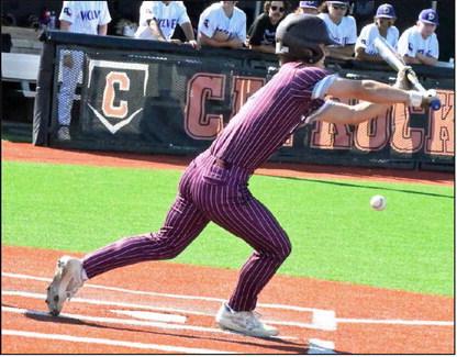 Littlefield’s Major McNeese, lays down a drag bunt on the third-base line to lead-off the top of the first inning of game one of their 3A Bi-district series with Dalhart on Friday at Caprock High School. (Staff Photo by Derek Lopez)