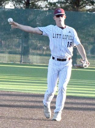 Littlefield second baseman, Bradyn Redman, fields up a ground ball and throws it to first for an out, during the Wildcat’s, 11-1, victory over the Mules on Tuesday at Wildcat Field. (Staff Photo by Derek Lopez)