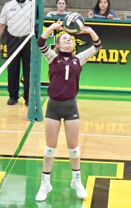 SETTING THE PLAY – Littlefield’s Brynna Ray (1) sets the ball up the air, as the Lady Cats look to strike, during their match with Idalou this past Tuesday. (Staff Photo by Derek Lopez)