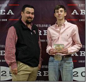 Kooper Edwards of Sudan FFA won Senior Showmanship Sheep at the Littlefield Area Junior Livestock Show on Jan. 10, 2025 at the Lamb County Ag Center. Shown with Judge Cam Anderson. (Staff Photo by Rhode Duenas)