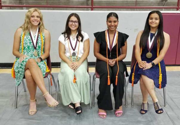 24 or More SPC College Hours and SPC Graduates- The following students received a cord for finishing the school year with 24 hours or more of college credit. Cadence Sanchez and (Not Pictured): Jeremy Garcia Graduated from SPC with their Associates Degree. (L-R): Madison McNeese, Alessandra Rojas, Kiara Wright, Cadence Sanchez and Jeremy Garcia (Not Shown). (Staff Photo by Derek Lopez)